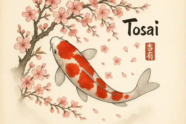Een artistieke illustratie van een Tosai Koi met rode patronen, omringd door Japanse kersenbloesem