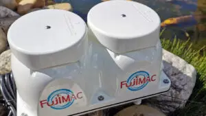 FujiMAC luchtpomp geplaatst naast een vijver met Koi, bekend als een van de stilste luchtpompen in 2025