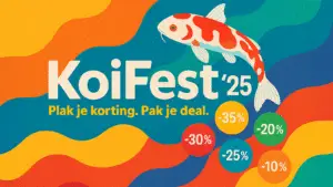 KoiFest ’25 logo met kleurrijke achtergrond, een oranje-witte koi vis en ronde kortingsstickers in verschillende kleuren en percentages.